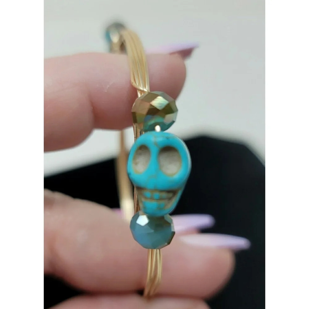Gold tone Wire Wrapped Howlite Turquoise Look Skull Bangle Bracelet